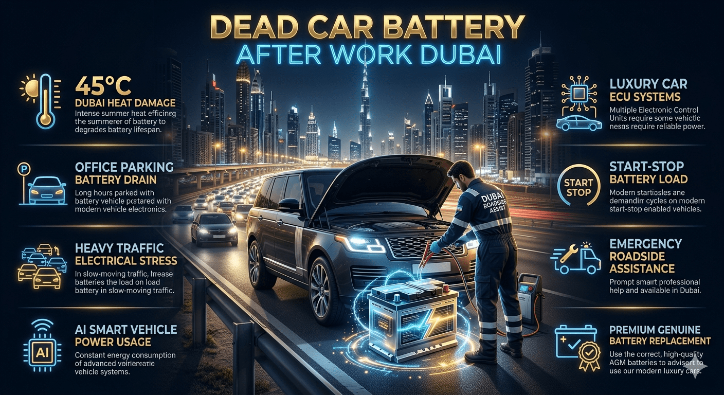 Luxury car with dead battery in Dubai office parking area, premium AGM battery replacement service, animated roadside assistance graphics, BMW Mercedes Audi Range Rover battery emergency, UAE heat impact infographic style.