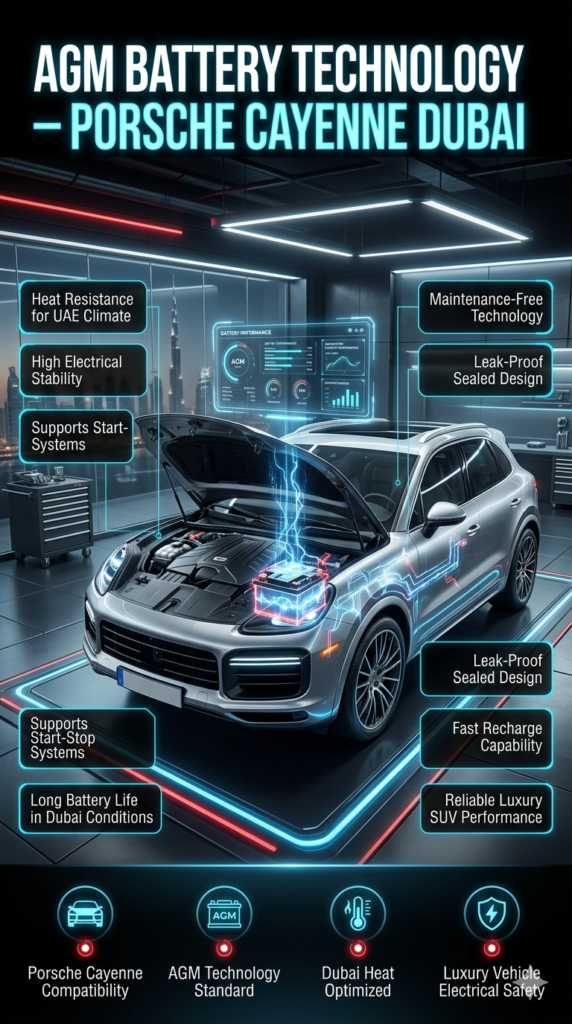 Luxury Porsche Cayenne AGM battery infographic showing heat resistance, electrical stability, start-stop support, and Dubai optimized battery performance technology.