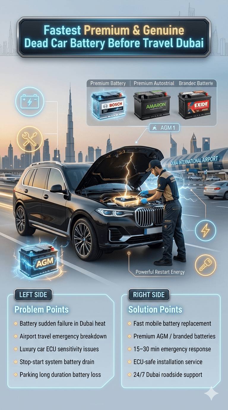 Premium infographic showing Fastest Premium & Genuine Dead Car Battery Before Travel Dubai emergency service with luxury SUV in Dubai city, highlighting roadside battery replacement, airport breakdown support, and fast mobile installation using premium AGM batteries.