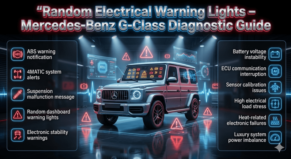 Luxury automotive infographic showing Mercedes-Benz G-Class with dashboard warning lights, ABS alerts, suspension errors, and 4MATIC diagnostics in futuristic Dubai workshop.