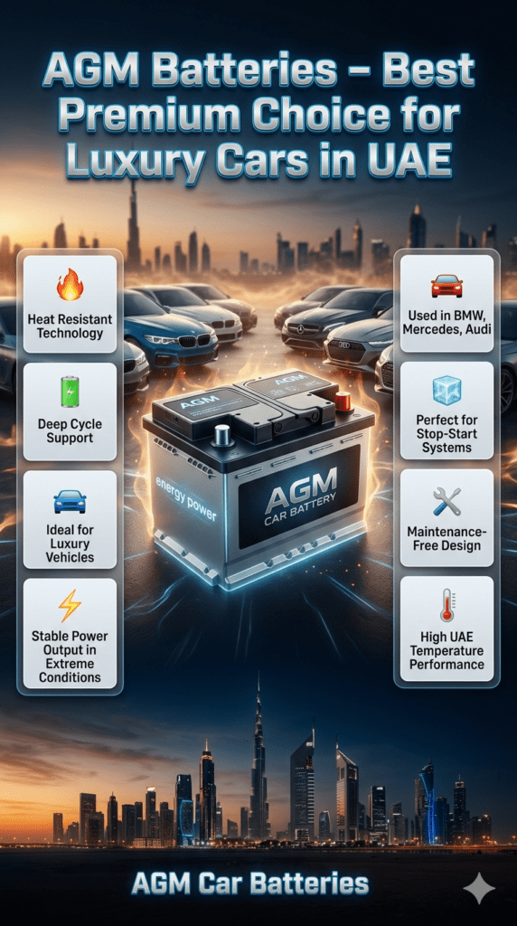 AGM car battery infographic showing premium heat-resistant technology used in luxury vehicles like BMW, Mercedes, and Audi for UAE hot weather performance