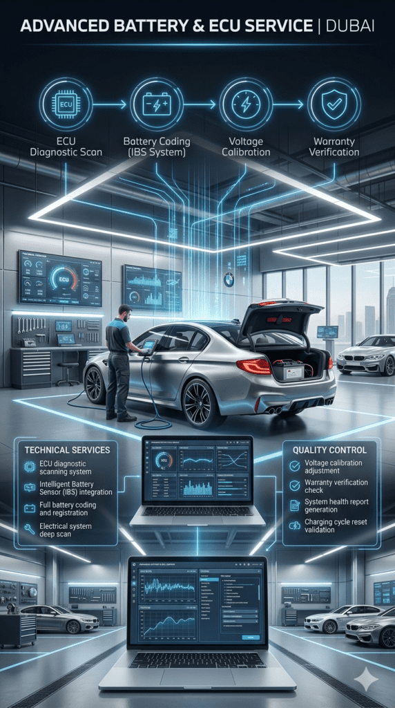 BMW workshop battery service showing ECU diagnostic scanning, battery coding, voltage calibration, and warranty verification inside a premium automotive service center.