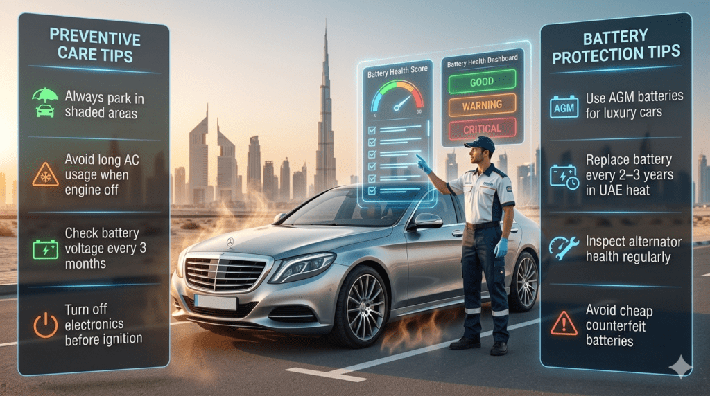 Dubai Car Battery Maintenance Tips – Expert Guide for Heat Protection & Longevity Car battery maintenance tips for Fastest Premium & Genuine Car Battery Fix Near Me Dubai including parking, voltage check, AGM usage, and counterfeit battery warnings.