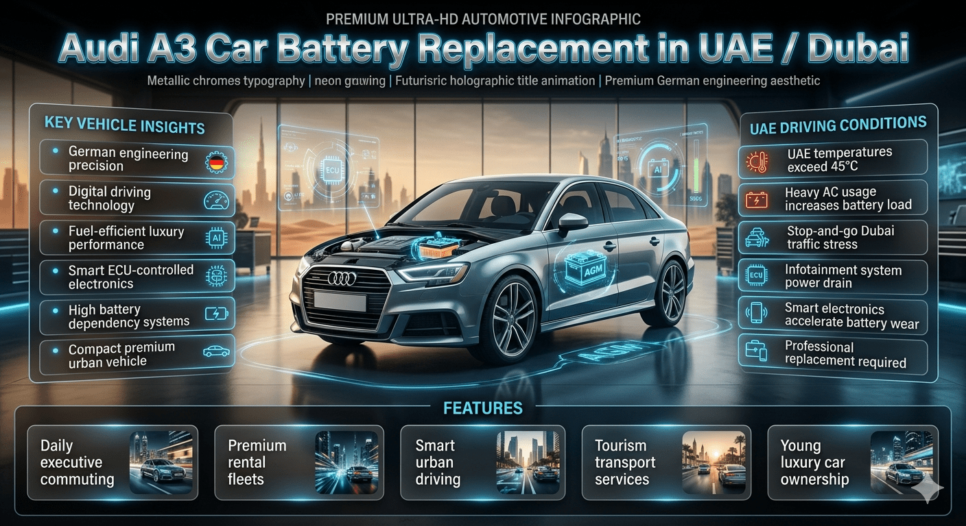 Premium infographic showing Audi A3 luxury vehicle with futuristic battery diagnostics, UAE heat impact details, and smart electronic systems in a Dubai workshop environment.