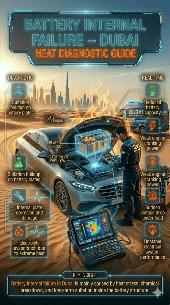 Car battery internal failure diagnostic scene in Dubai showing X-ray view of battery with sulfation buildup, plate damage, and electrolyte evaporation caused by extreme heat conditions.