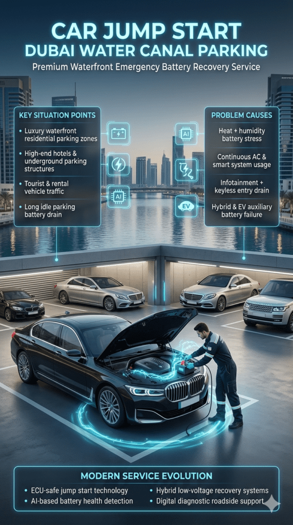 Cinematic automotive infographic showing car jump start service at Dubai Water Canal parking with luxury cars, technician using ECU-safe booster system, animated electric glow effects, waterfront skyline background, and side panels explaining parking issues, battery drain causes, and modern diagnostic recovery systems.