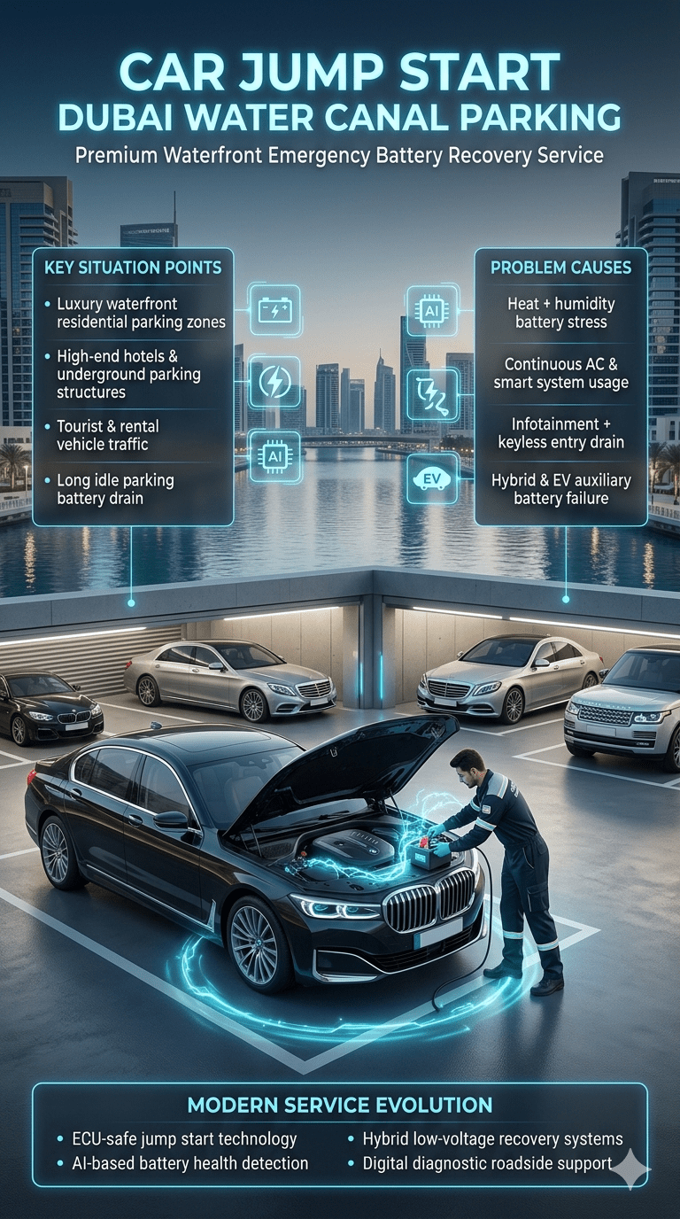 Cinematic automotive infographic showing car jump start service at Dubai Water Canal parking with luxury cars, technician using ECU-safe booster system, animated electric glow effects, waterfront skyline background, and side panels explaining parking issues, battery drain causes, and modern diagnostic recovery systems.