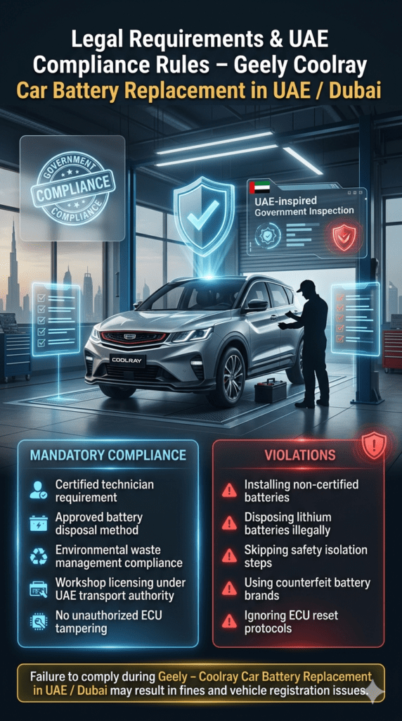 Geely Coolray car battery replacement UAE compliance infographic showing certified technician rules, battery disposal regulations, ECU safety requirements, and violations in a futuristic legal automotive dashboard.