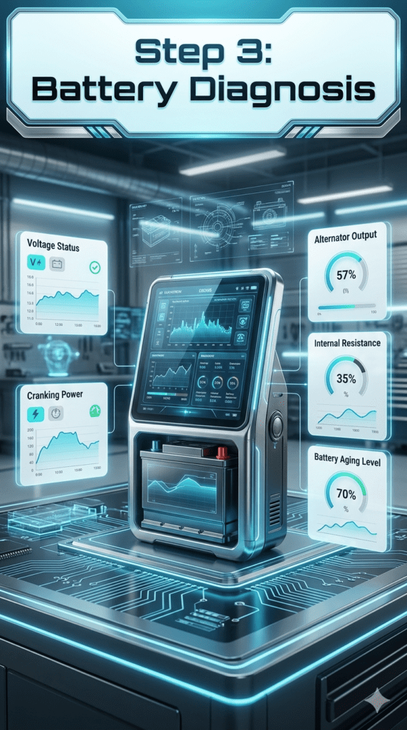 Futuristic car battery diagnostic system showing digital analyzer results including voltage status, cranking power, alternator output, internal resistance, and battery aging level in a modern automotive workshop.