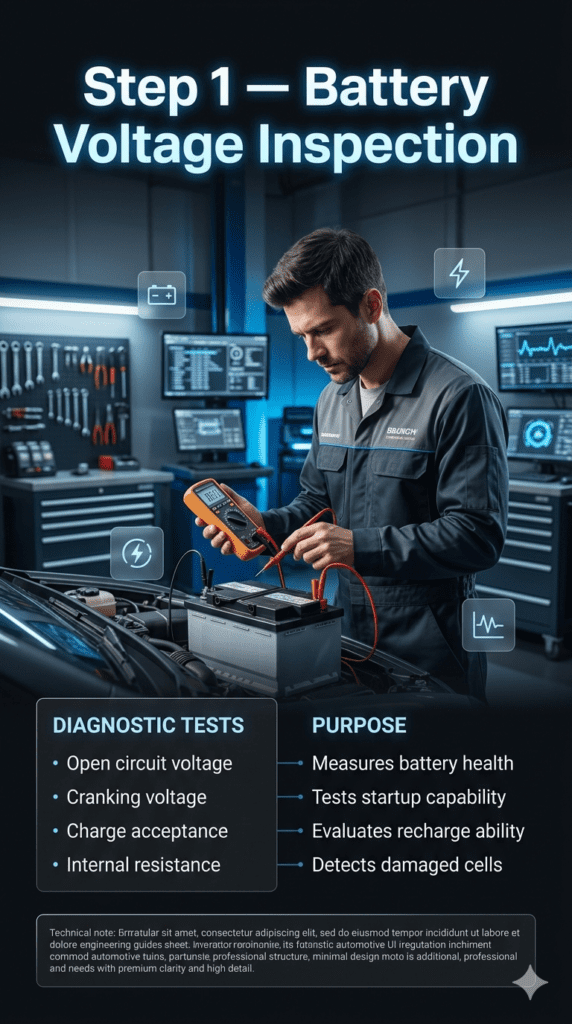 Automotive diagnostic infographic showing battery voltage inspection steps with a mechanic testing a car battery using a multimeter in a workshop.