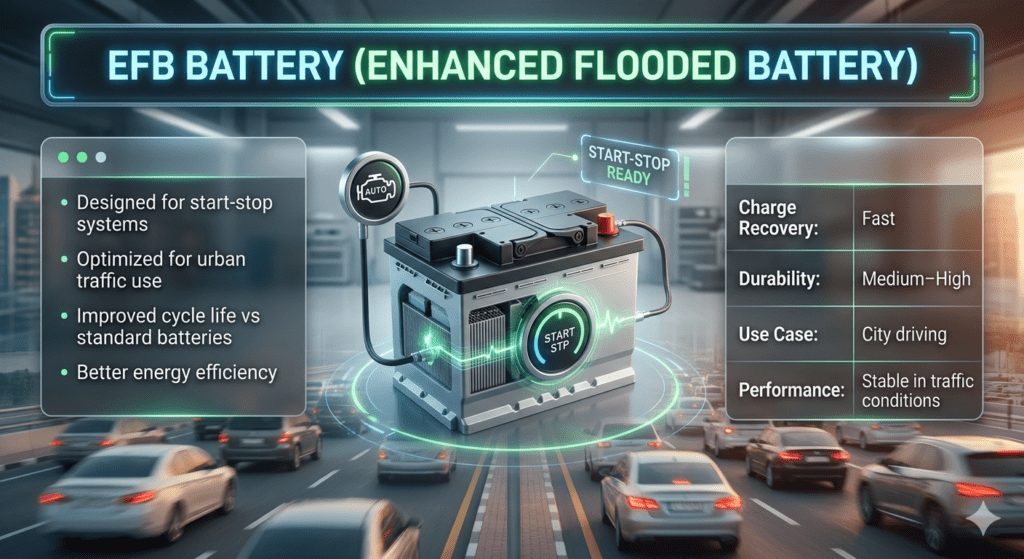 Modern automotive infographic showing EFB battery features, charge recovery, durability, and city driving use case with start-stop system visualization.
