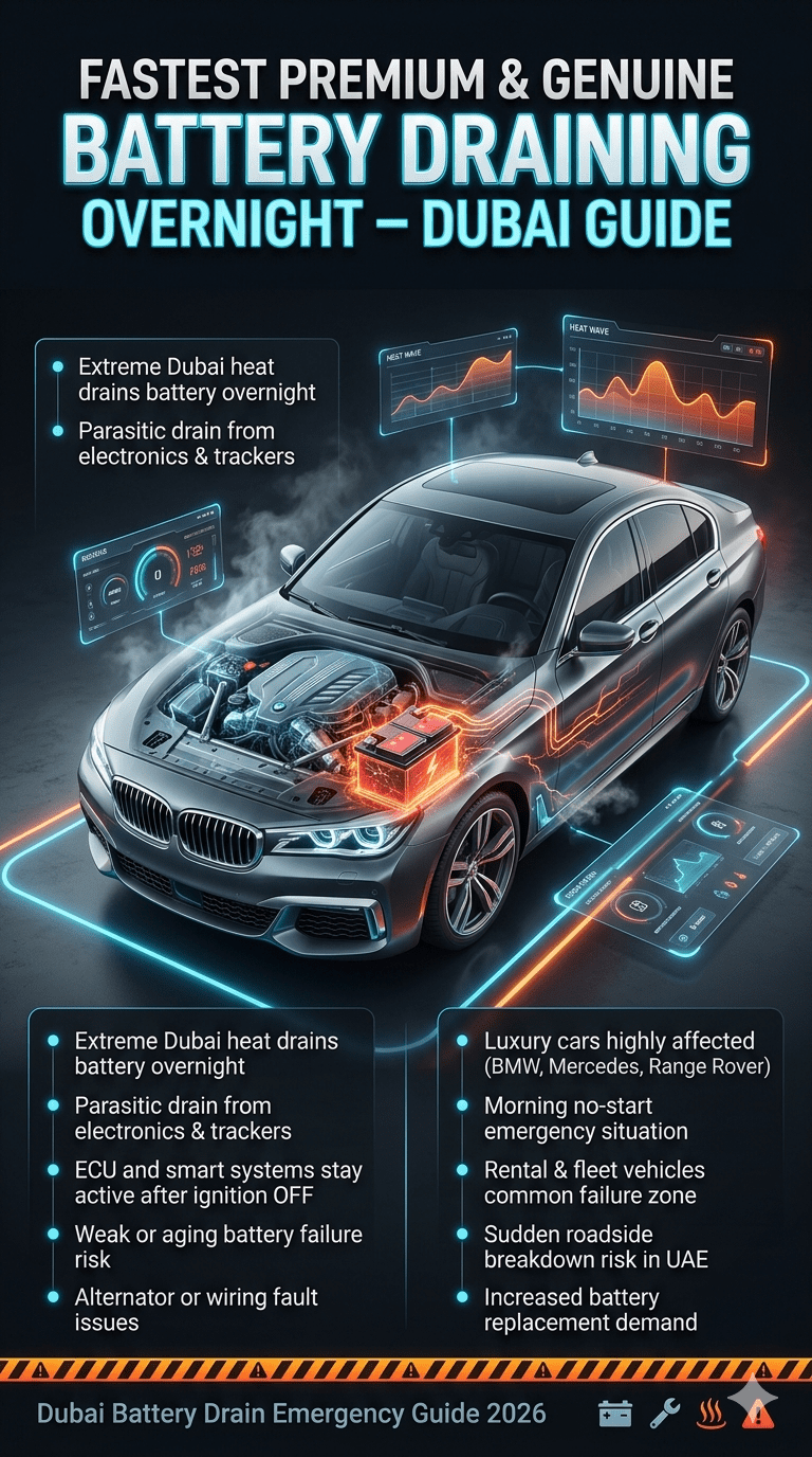 Luxury infographic showing car battery draining overnight in Dubai heat with luxury car engine visualization, causes and effects of battery drain in premium vehicles like BMW and Mercedes.