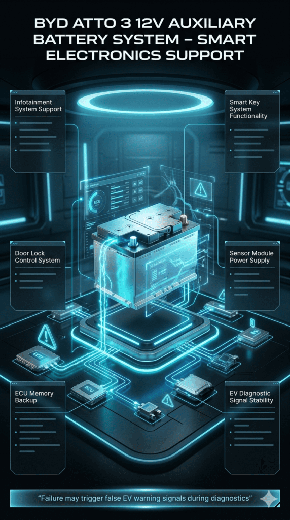 BYD Atto 3 12V Auxiliary Battery System β Smart Vehicle Electronics Support (UAE Guide) Futuristic EV infographic showing BYD Atto 3 12V auxiliary battery system with central smart battery hub and side panels listing infotainment, door locks, ECU memory, smart key system, and sensors with warning diagnostics.