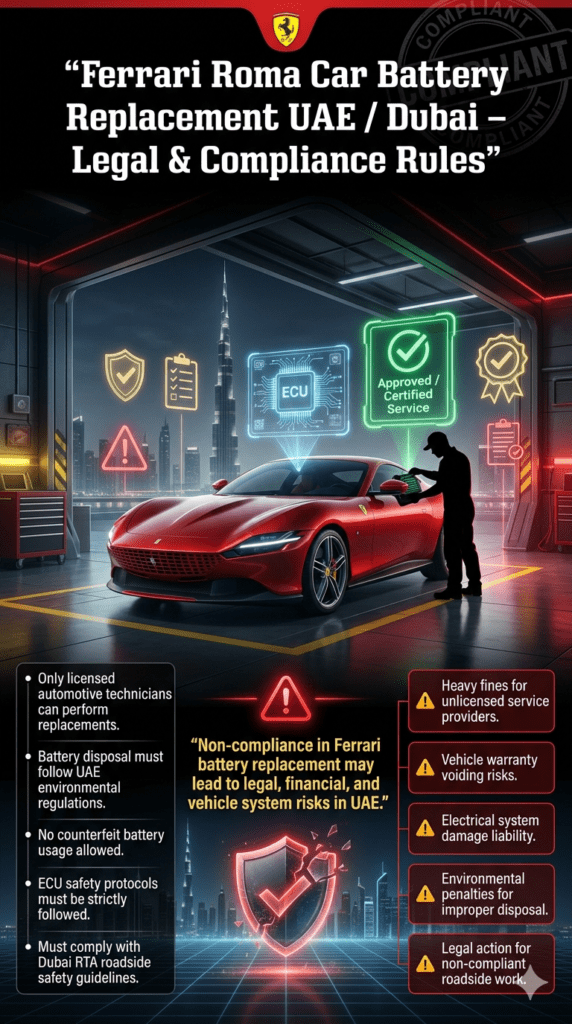 Ferrari Roma in a futuristic Dubai compliance garage with holographic legal safety checks, ECU diagnostics, and warning panels explaining UAE battery replacement laws and penalties.