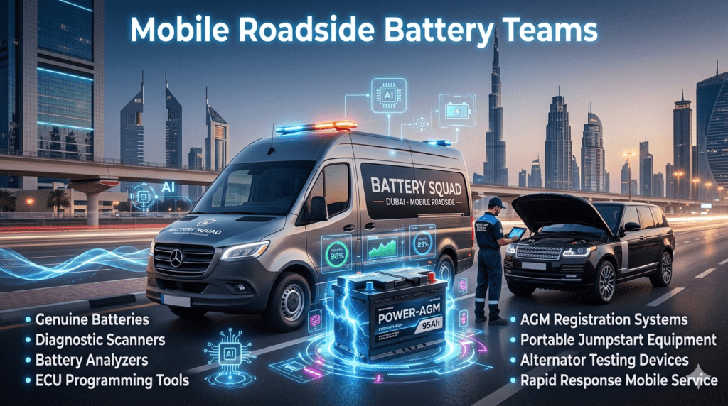 Mobile Roadside Battery Teams Premium Dubai mobile roadside battery assistance van with AGM battery support, advanced diagnostic equipment, and futuristic roadside emergency technology.