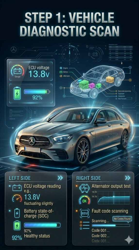 Car diagnostic scan infographic showing ECU voltage reading, battery SOC, alternator test, and fault code scanning with a luxury car in the center and digital tech interface design.