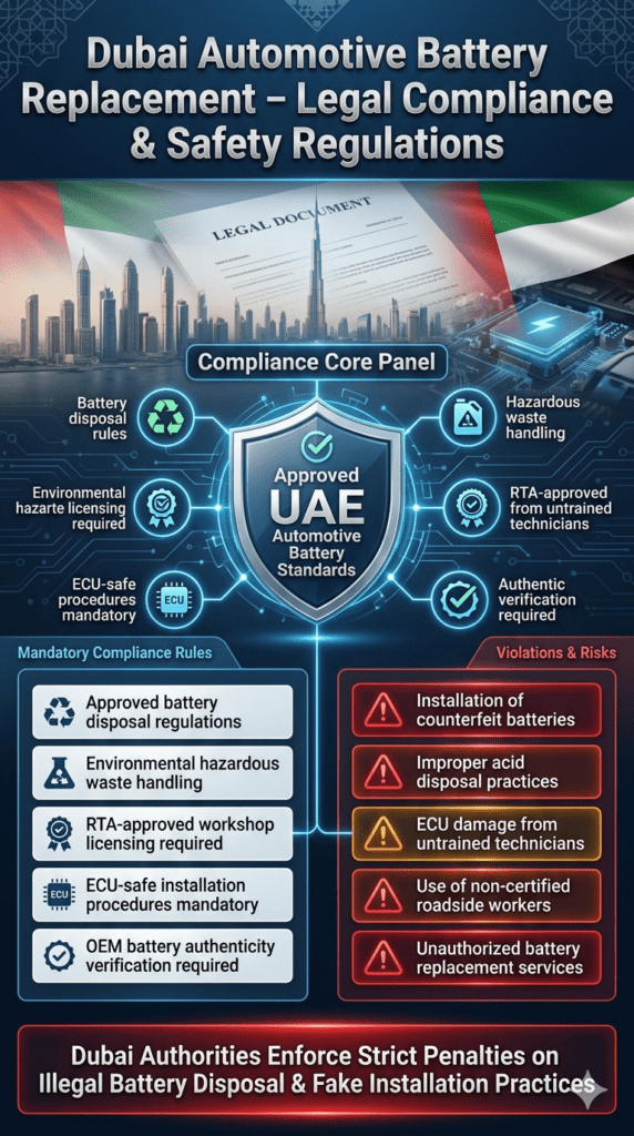 Dubai automotive battery replacement compliance infographic showing legal regulations, RTA-approved workshop rules, ECU-safe procedures, and violations such as counterfeit battery installation and improper disposal practices.