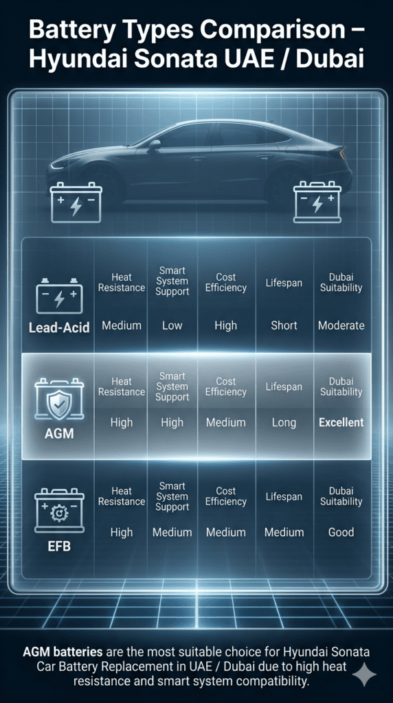 Automotive comparison infographic showing Hyundai Sonata battery types (Lead-Acid, AGM, EFB) with features like heat resistance, lifespan, and Dubai suitability in a futuristic dashboard design.