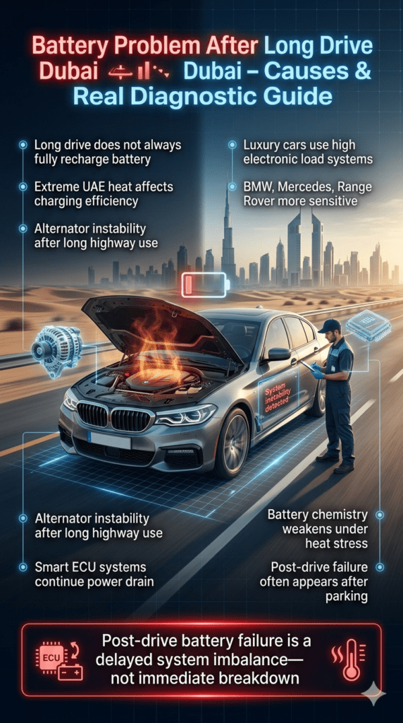 Dubai battery problem after long drive infographic showing luxury car overheating, ECU and alternator diagnostic failure, and post-drive battery imbalance in UAE conditions.