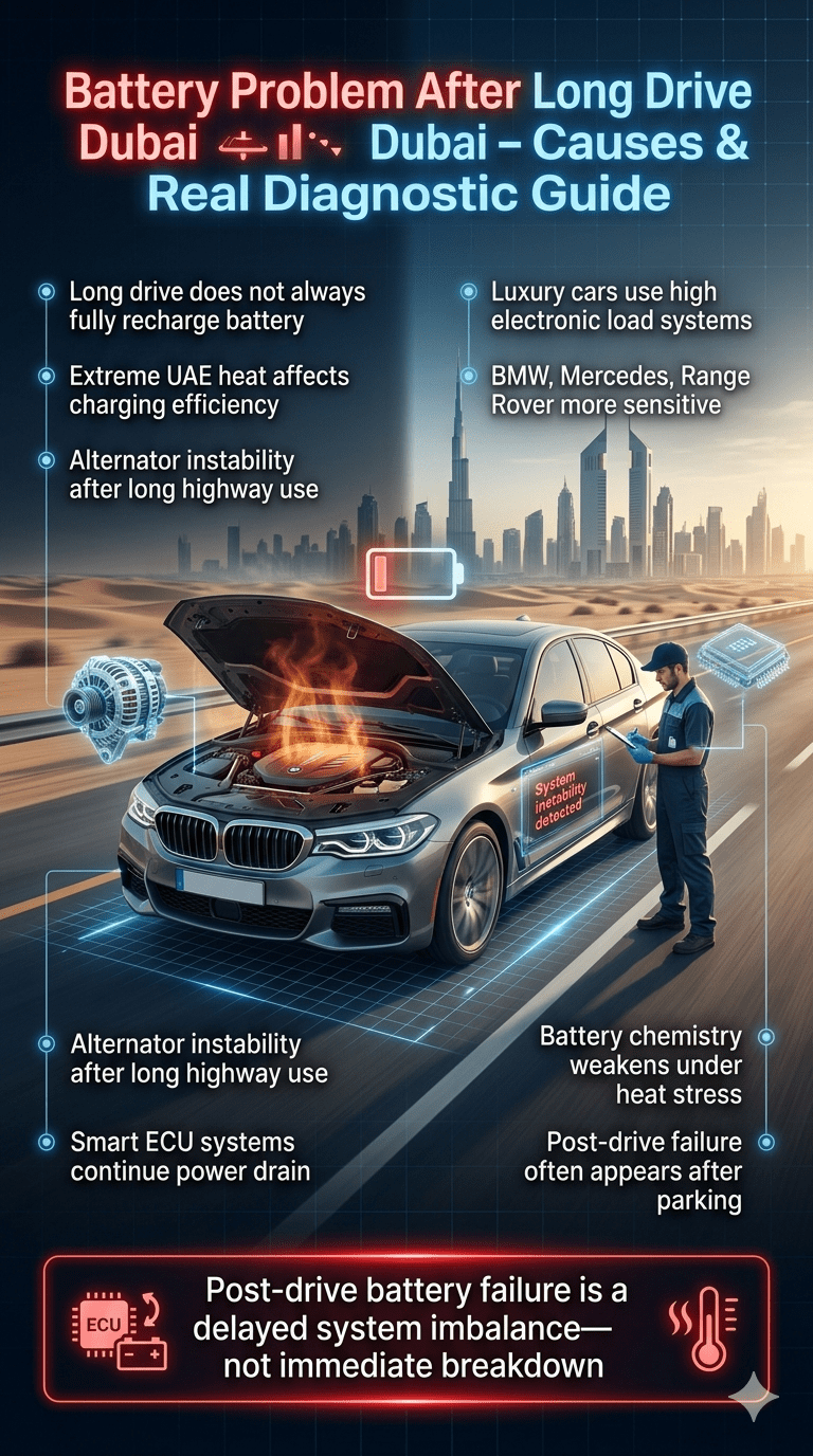 Dubai battery problem after long drive infographic showing luxury car overheating, ECU and alternator diagnostic failure, and post-drive battery imbalance in UAE conditions.