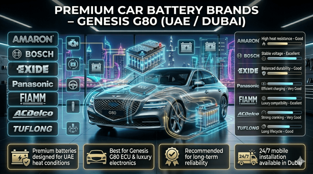 Premium Car Battery Brands for Genesis G80 UAE Dubai – Amaron, Bosch, Exide Guide Luxury automotive infographic showing premium car battery brands for Genesis G80 in UAE Dubai including Amaron, Bosch, Exide, Panasonic, FIAMM, AC Delco, and Tuflong with performance comparison.
