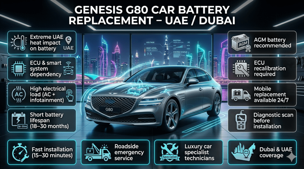 Premium infographic showing Genesis G80 Car Battery Replacement in UAE Dubai with luxury car center image, battery service steps, heat impact points, and professional mobile installation highlights.