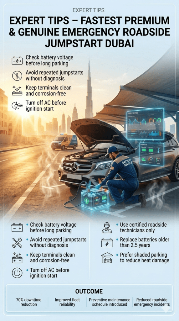 Expert tips infographic for emergency roadside jumpstart Dubai showing battery maintenance, voltage checks, and safe vehicle parking practices in UAE heat conditions.