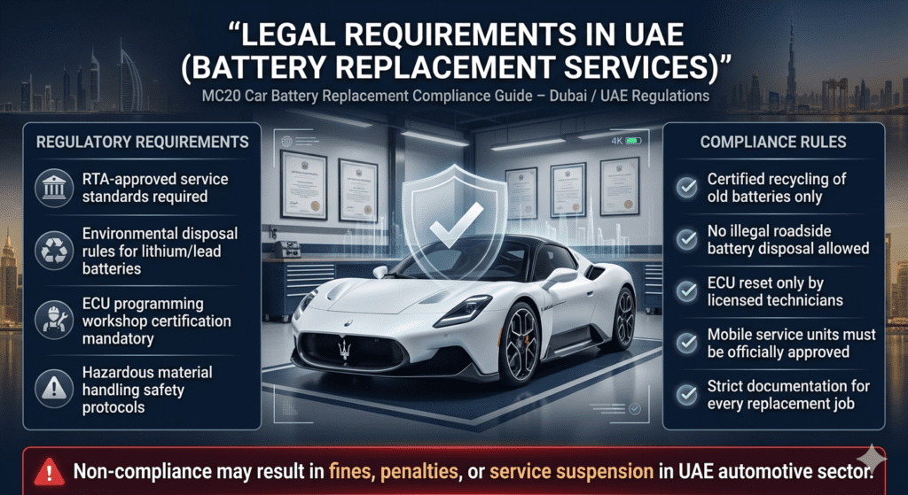UAE legal requirements for MC20 car battery replacement services showing RTA compliance, recycling rules, certified technicians, and safety regulations in premium automotive infographic