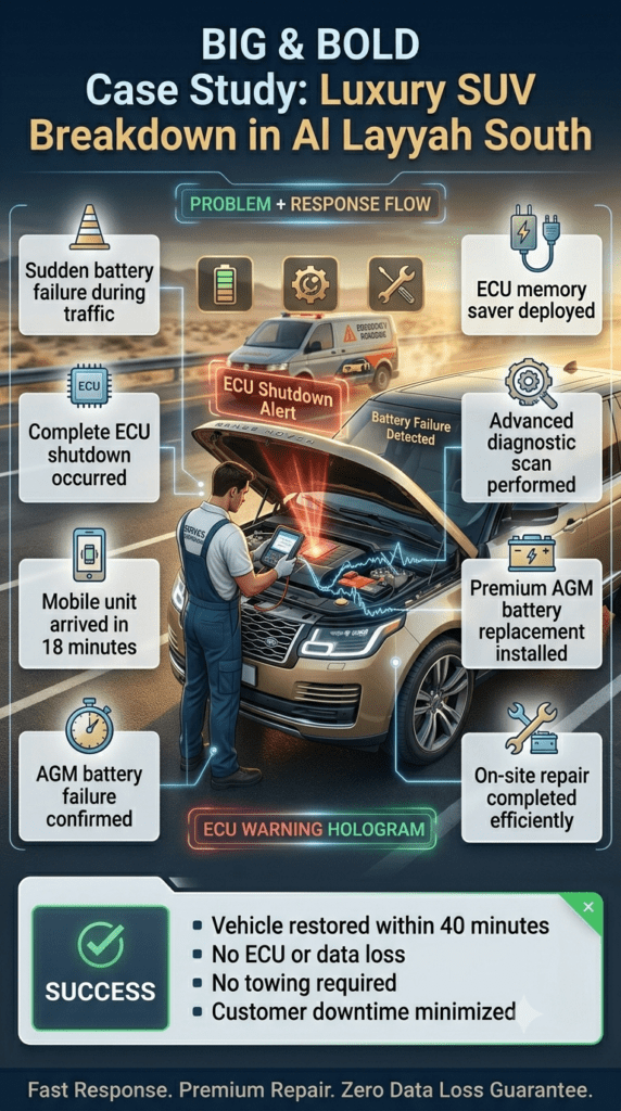 Luxury Range Rover SUV battery breakdown in Al Layyah South showing mobile technician performing AGM battery replacement and ECU diagnostics roadside
