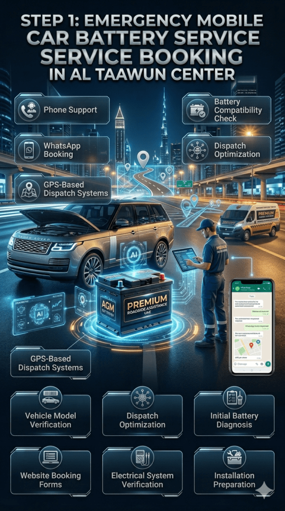 Step 1: Emergency Mobile Car Battery Service Booking in Al Taawun Center Premium automotive booking infographic showing emergency mobile car battery replacement request process in Al Taawun Center with phone booking, WhatsApp support, GPS dispatch systems, mobile apps, website booking forms, and luxury roadside assistance visuals surrounding a premium branded battery.