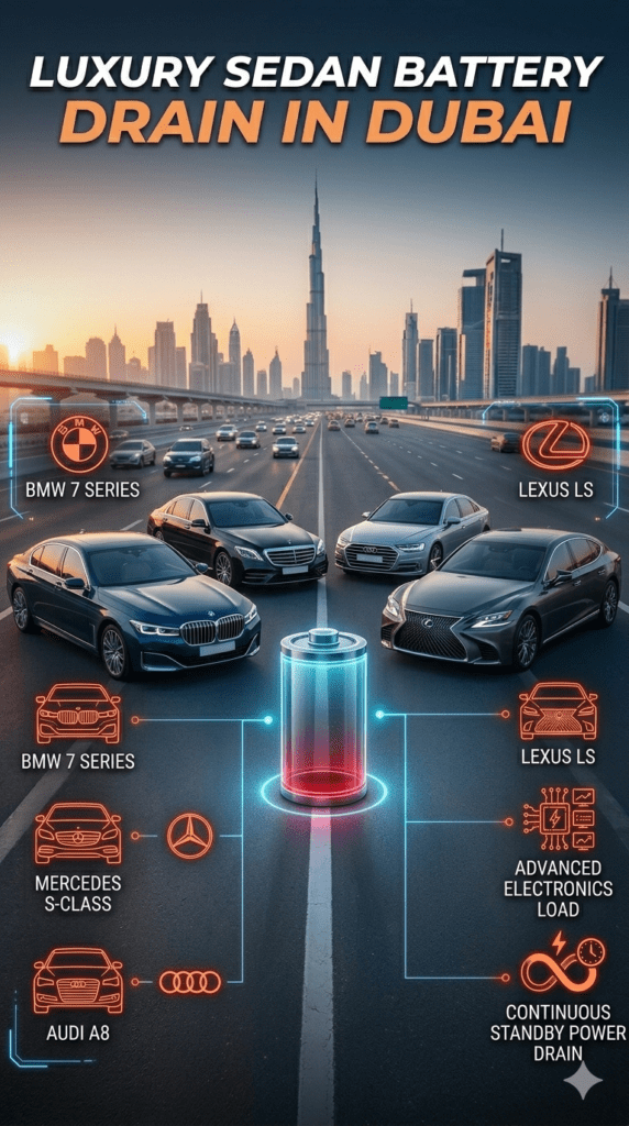 Luxury sedans in Dubai showing battery drain issues caused by advanced electronics and continuous standby power consumption.