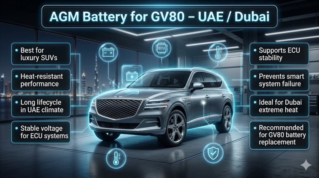AGM Battery Benefits for GV80 β Heat Resistant ECU Safe Solution UAE/Dubai Luxury infographic showing AGM battery benefits for GV80 Car Battery Replacement in UAE Dubai, featuring a premium SUV in a futuristic garage with highlighted ECU stability and heat resistance features.