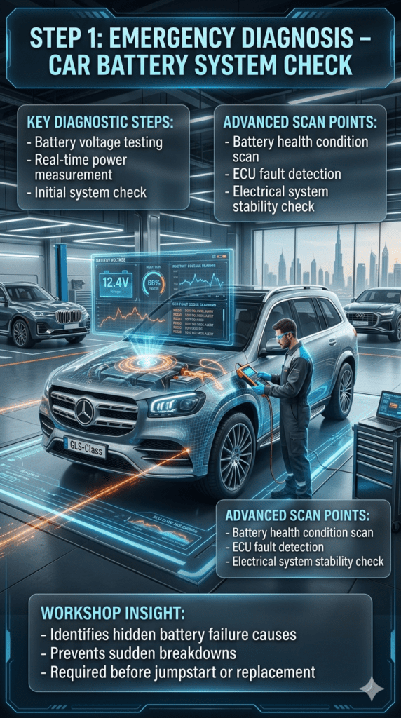Car battery emergency diagnosis infographic showing voltage testing, health scan, and ECU fault detection in a modern Dubai automotive workshop with luxury vehicle service system.