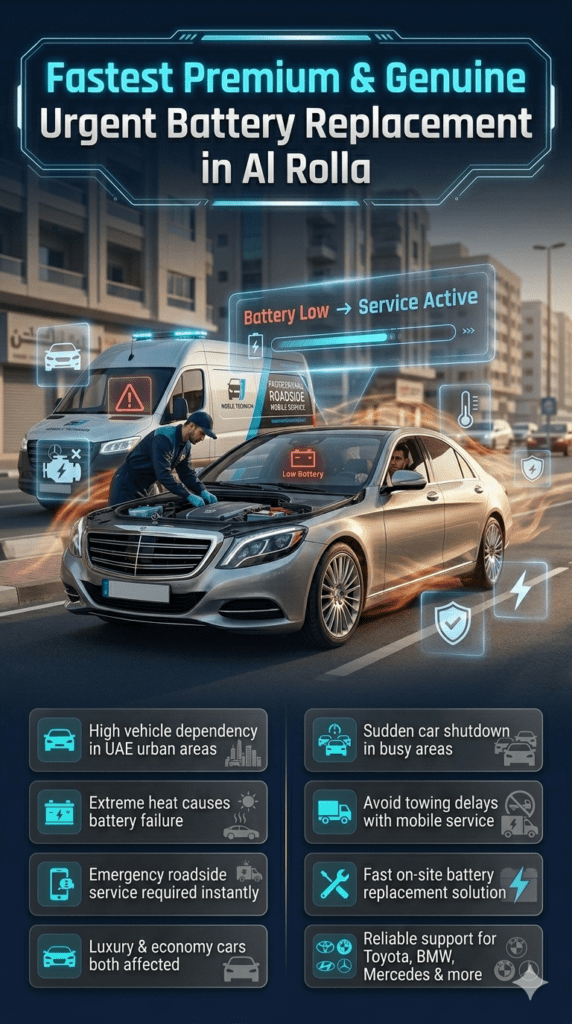 Luxury roadside car battery replacement service in Al Rolla Sharjah showing emergency mobile technician replacing battery in a premium vehicle with infographic overlays explaining urgent battery failure and immediate service response.