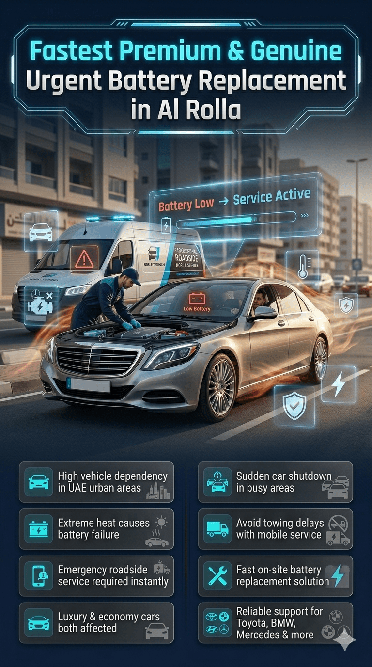 Luxury roadside car battery replacement service in Al Rolla Sharjah showing emergency mobile technician replacing battery in a premium vehicle with infographic overlays explaining urgent battery failure and immediate service response.