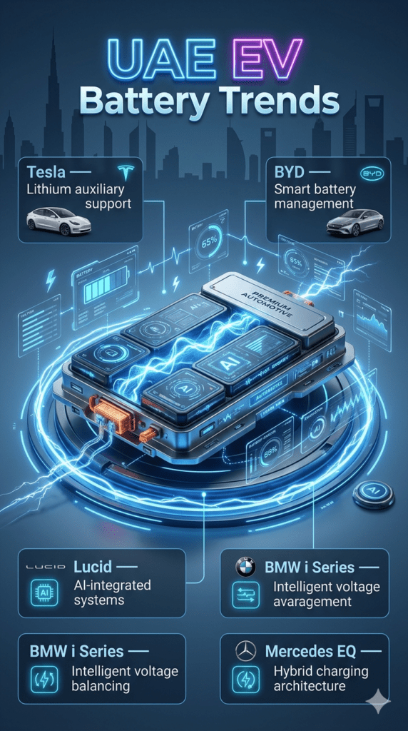 Futuristic infographic showing UAE EV battery trends and advanced battery technologies used by leading electric vehicle brands.