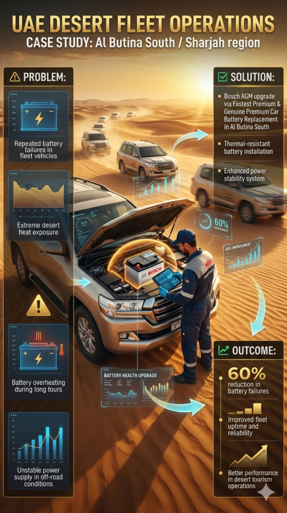 CASE STUDY: TOYOTA LAND CRUISER FLEET BATTERY FAILURE – AL BUTINA SOUTH Toyota Land Cruiser fleet battery failure case study in Al Butina South showing desert heat damage, Bosch AGM upgrade solution, and 60% improvement in fleet performance.