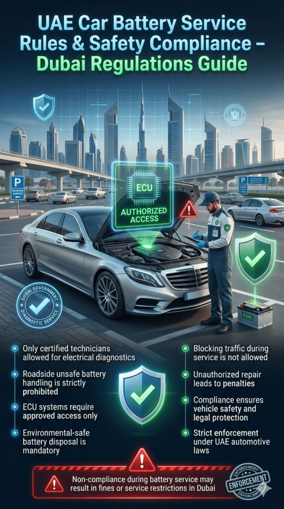Dubai UAE car battery service compliance infographic showing certified technician rules, ECU regulations, safety laws, and legal restrictions for roadside diagnostics.