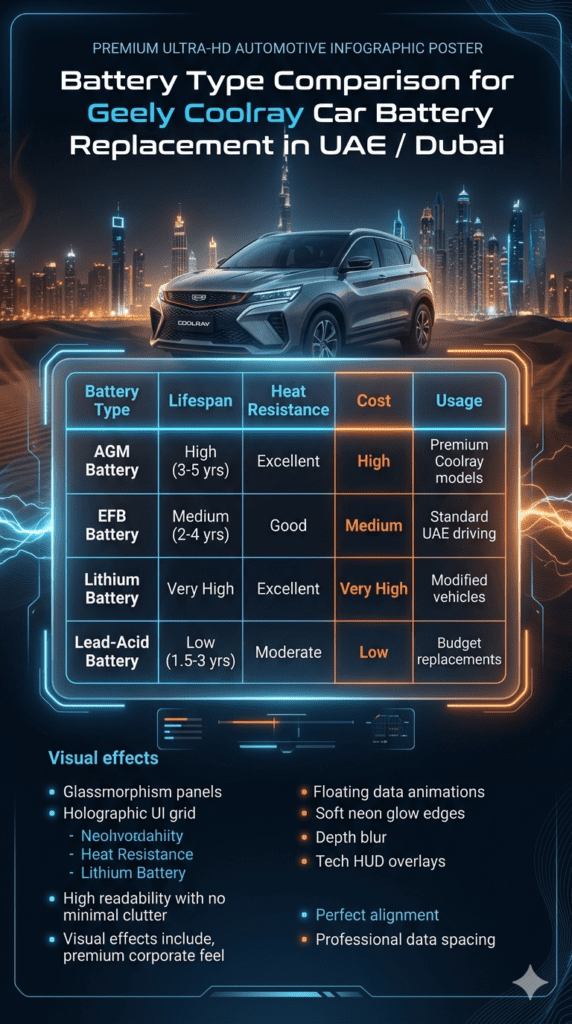 Battery type comparison table for Geely Coolray car battery replacement in UAE showing AGM, EFB, lithium, and lead-acid batteries with lifespan, heat resistance, cost, and usage in a futuristic automotive infographic.