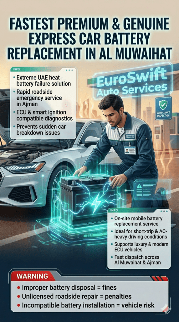 Emergency roadside car battery replacement service in Al Muwaihat UAE showing technician installing premium battery in a luxury vehicle with instant express mobile service infographic and heat-related breakdown context.