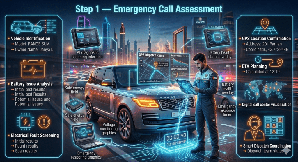 Step 1 โ Emergency Call Assessment Premium UAE roadside assistance infographic showing emergency call assessment process with vehicle identification, GPS dispatch, AI diagnostics, and mobile battery technician support.