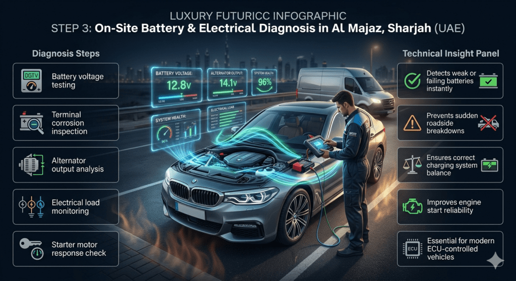 Infographic showing Step 3 on-site car battery diagnosis in Al Majaz including voltage testing, corrosion inspection, alternator output analysis, electrical load monitoring, and starter motor response check.