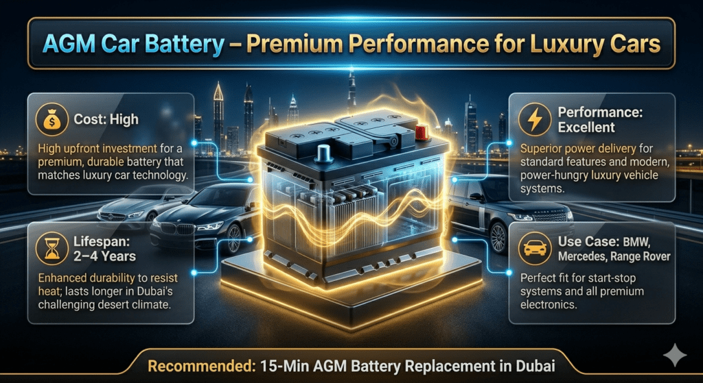 AGM car battery infographic showing high cost, long lifespan, and premium performance for luxury cars like BMW Mercedes and Range Rover in Dubai