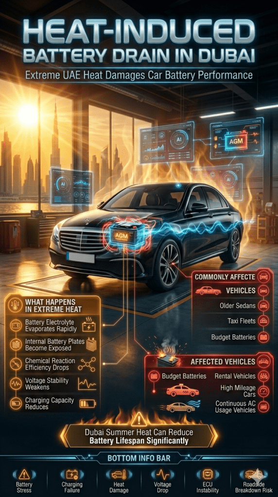 Luxury Dubai automotive infographic showing heat-induced battery drain, overheating AGM battery effects, and common vehicles affected by extreme UAE temperatures.