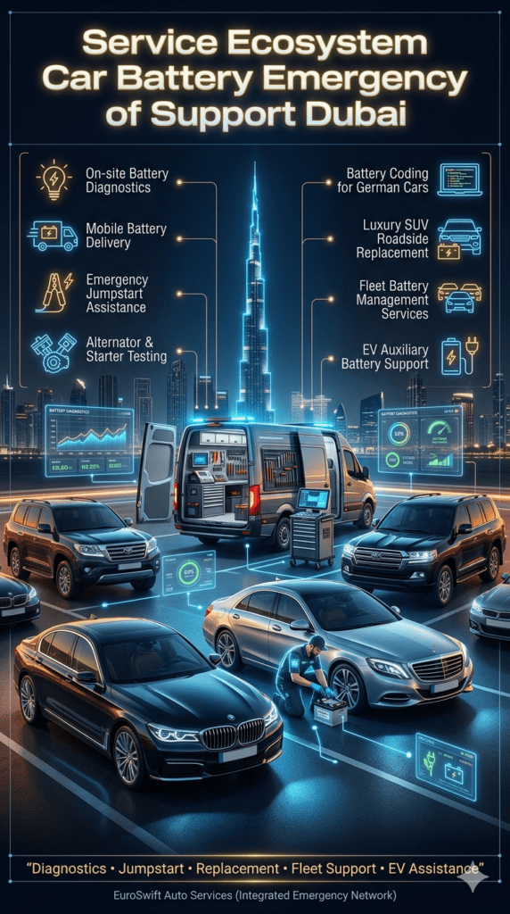 Luxury Dubai car battery emergency service ecosystem infographic showing mobile diagnostics, jumpstart, battery coding, EV support, and roadside replacement services with premium vehicles and technician in a futuristic city environment.