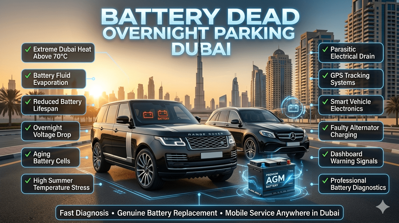 Battery dead after overnight parking in Dubai showing a luxury SUV with a discharged battery, Dubai skyline background, heat impact illustration, overnight battery drain causes, professional diagnostic solutions, and premium battery replacement service infographic.