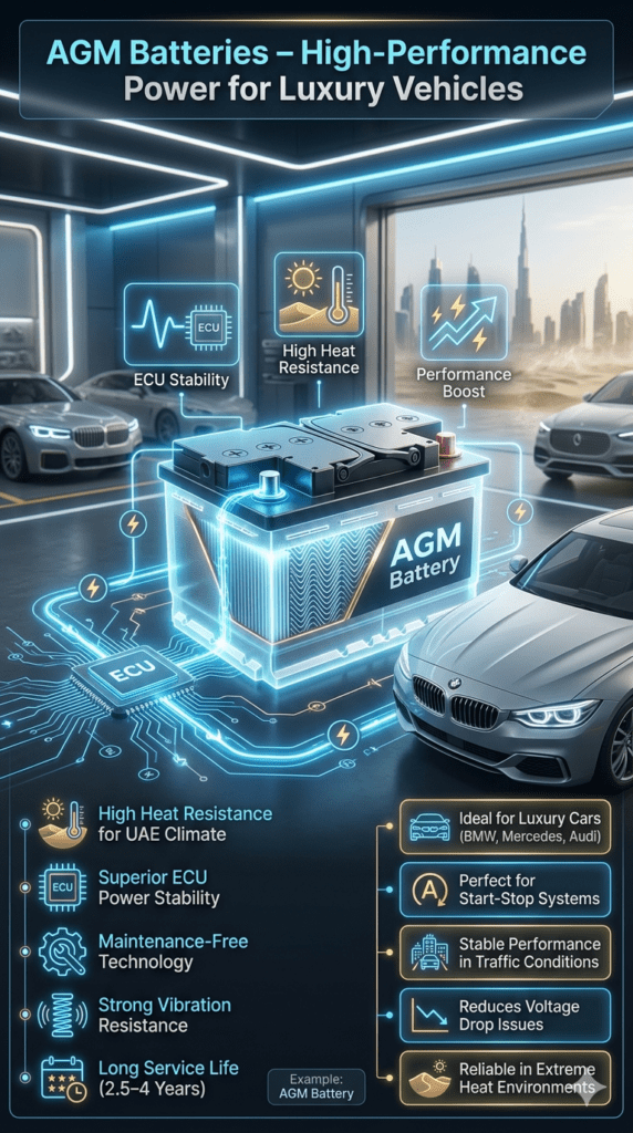 AGM high-performance car battery designed for luxury vehicles showing advanced internal structure, ECU stability support, and heat-resistant technology in Dubai automotive environment.