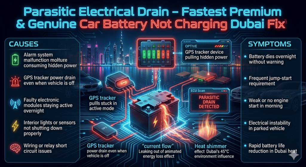 Parasitic Electrical Drain Dubai โ Hidden Battery Power Loss Diagnosis Guide Futuristic automotive infographic showing parasitic electrical drain in a car battery, highlighting alarm system malfunction, GPS tracker power loss, and faulty modules consuming energy in a luxury vehicle in Dubai.