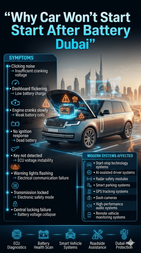 Premium automotive user guide infographic showing a luxury car with dead battery issue in Dubai heat, animated battery diagnostics visuals, roadside assistance elements, ECU-safe jumpstart highlights, and key battery drain causes displayed around the vehicle.