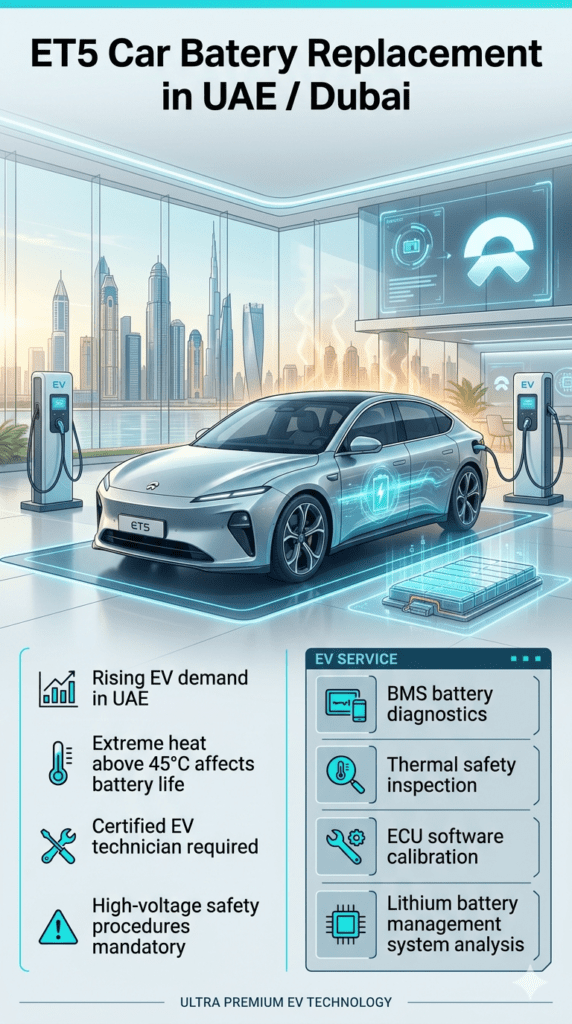 Futuristic infographic showing ET5 Car Battery Replacement in UAE Dubai with electric sedan in center, EV battery diagnostics, thermal safety checks, and technical service information panels.